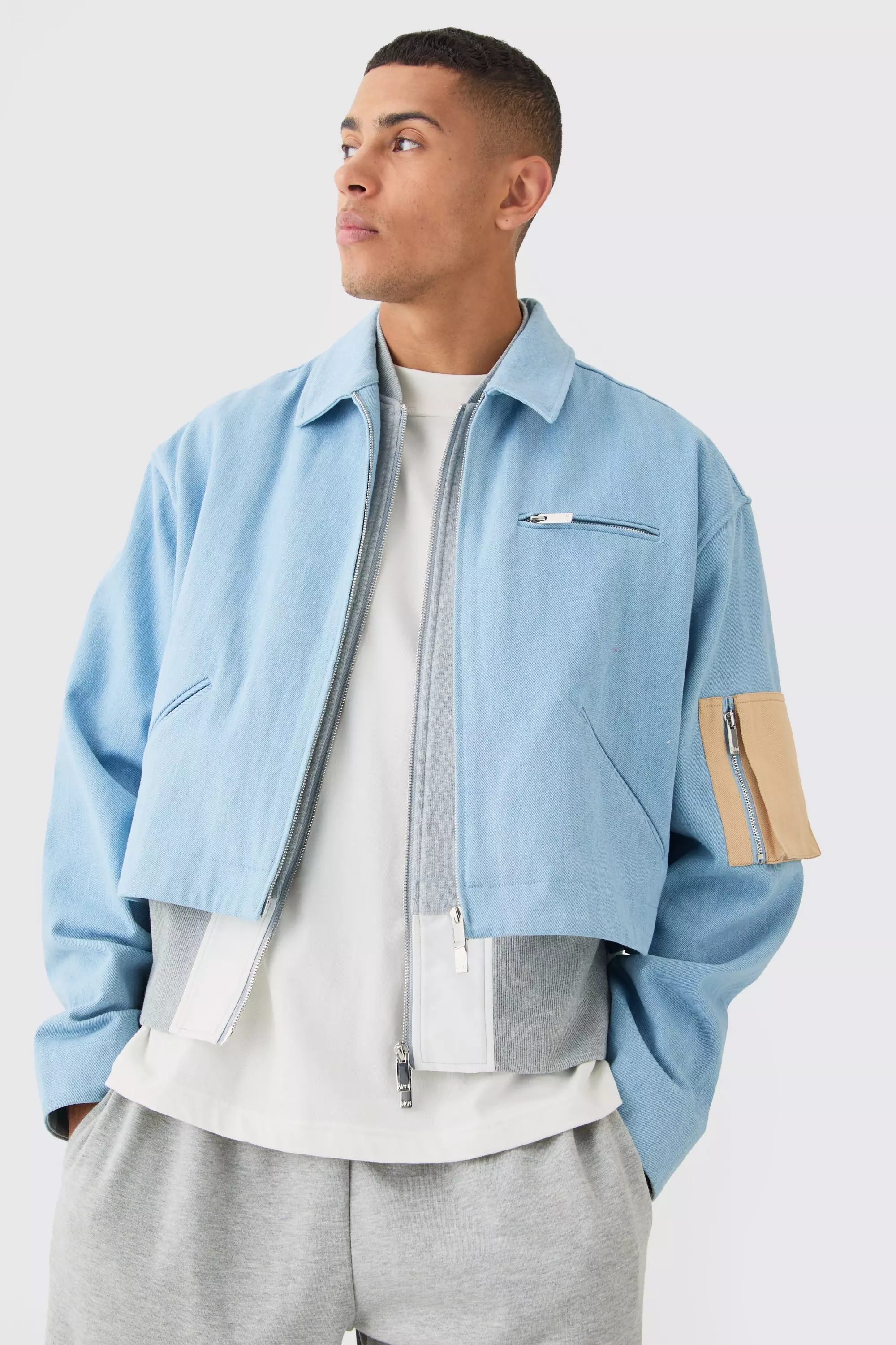 Denim And Jersey Hybrid Layered Trucker Jacket